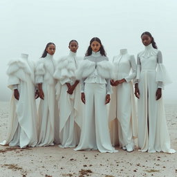 A group of models draped in flowing white couture, featuring layered silk garments, feathered capes, and high-neck blouses with soft ruffles