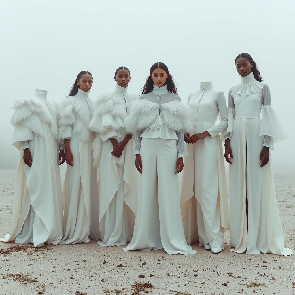A group of models draped in flowing white couture, featuring layered silk garments, feathered capes, and high-neck blouses with soft ruffles