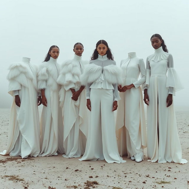 A group of models draped in flowing white couture, featuring layered silk garments, feathered capes, and high-neck blouses with soft ruffles