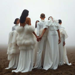 A group of models draped in flowing white couture, featuring layered silk garments, feathered capes, and high-neck blouses with soft ruffles