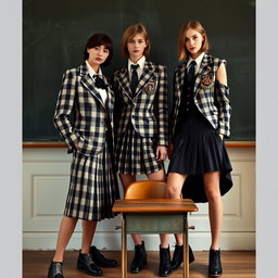 A high-fashion rebellious take on elite Ivy League uniforms featuring classic checkered blazers, vests, and pleated skirts reworked into unexpected, asymmetrical silhouettes
