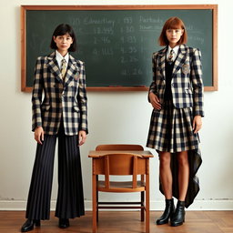 A high-fashion rebellious take on elite Ivy League uniforms featuring classic checkered blazers, vests, and pleated skirts reworked into unexpected, asymmetrical silhouettes