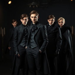 A dark, seductive take on high-fashion uniforms featuring slim, tailored black coats with dramatic tails, paired with billowing silk shirts that have high, ruffled collars