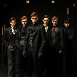 A dark, seductive take on high-fashion uniforms featuring slim, tailored black coats with dramatic tails, paired with billowing silk shirts that have high, ruffled collars