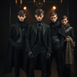 A dark, seductive take on high-fashion uniforms featuring slim, tailored black coats with dramatic tails, paired with billowing silk shirts that have high, ruffled collars