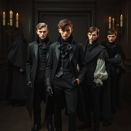 A dark, seductive take on high-fashion uniforms featuring slim, tailored black coats with dramatic tails, paired with billowing silk shirts that have high, ruffled collars