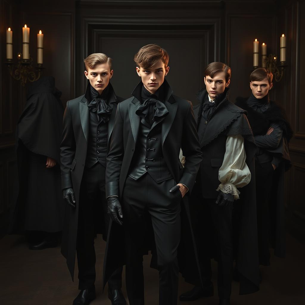 A dark, seductive take on high-fashion uniforms featuring slim, tailored black coats with dramatic tails, paired with billowing silk shirts that have high, ruffled collars
