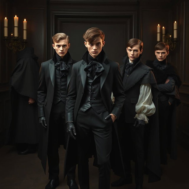 A dark, seductive take on high-fashion uniforms featuring slim, tailored black coats with dramatic tails, paired with billowing silk shirts that have high, ruffled collars