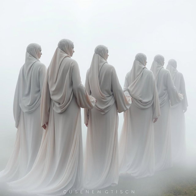 A group of models wearing flowing, sculptural abayas with elongated, draped sleeves that appear to merge seamlessly with the mist surrounding them
