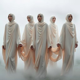 A group of models wearing flowing, sculptural abayas with elongated, draped sleeves that appear to merge seamlessly with the mist surrounding them