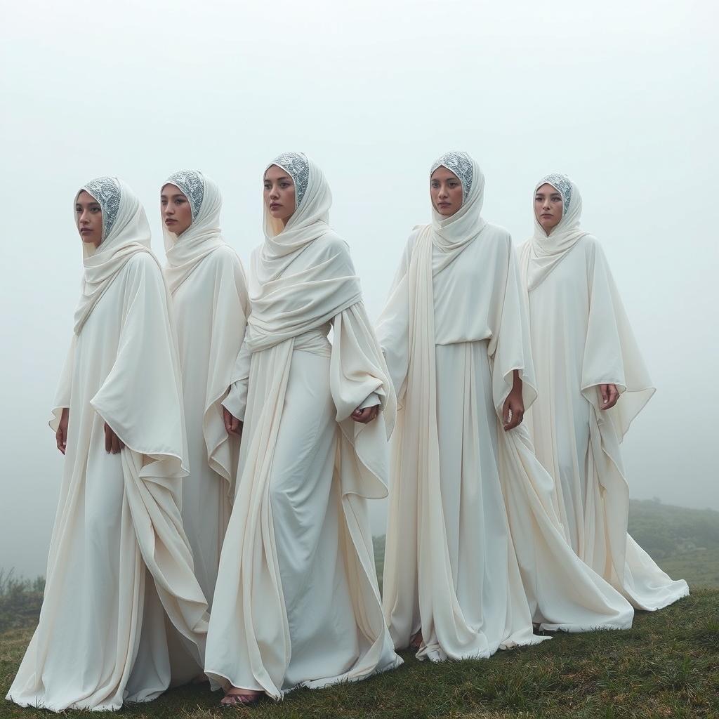 A group of models wearing flowing, sculptural abayas with elongated, draped sleeves that appear to merge seamlessly with the mist surrounding them