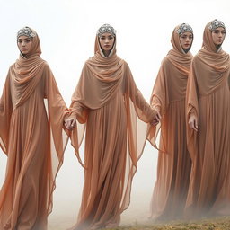 A group of models wearing flowing, sculptural abayas with elongated, draped sleeves that appear to merge seamlessly with the mist surrounding them