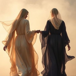 Models gracefully moving through a hazy environment, wearing silk kaftans with iridescent, liquid-like textures