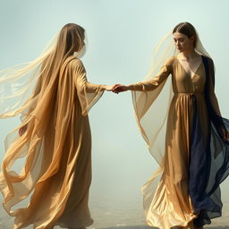 Models gracefully moving through a hazy environment, wearing silk kaftans with iridescent, liquid-like textures