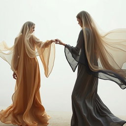 Models gracefully moving through a hazy environment, wearing silk kaftans with iridescent, liquid-like textures