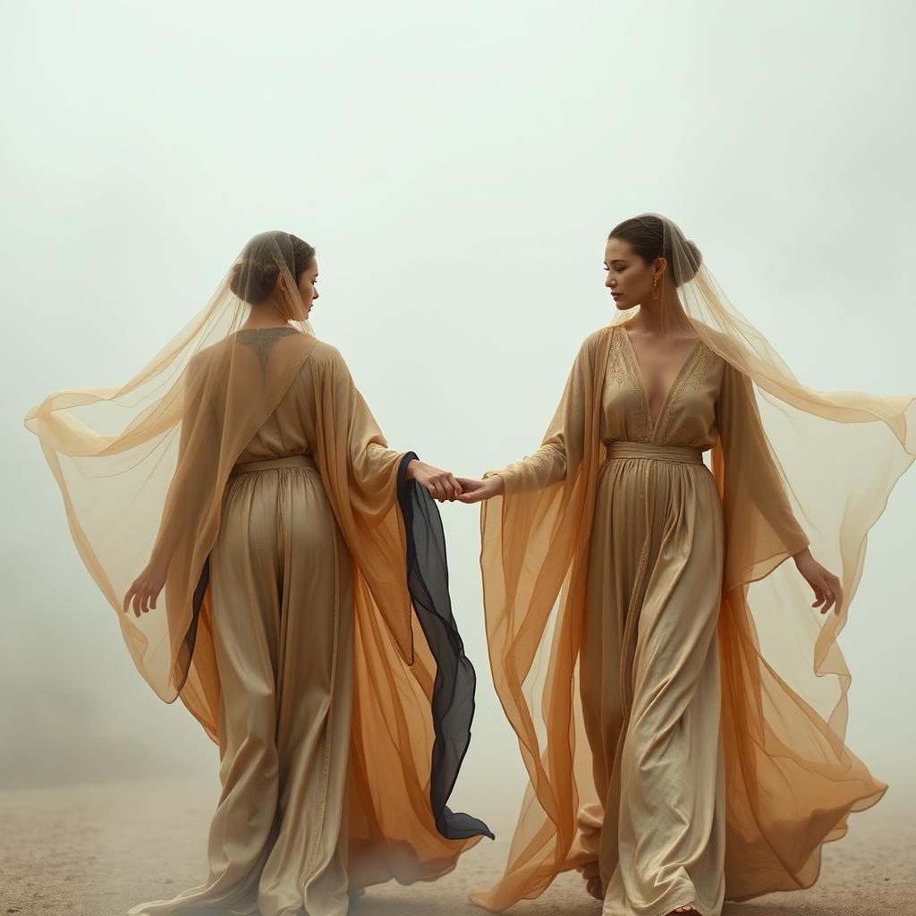 Models gracefully moving through a hazy environment, wearing silk kaftans with iridescent, liquid-like textures