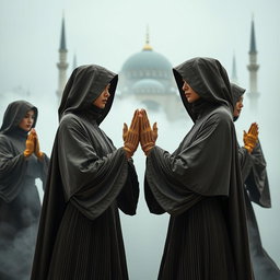 Models dressed in structured, pleated robes with high collars and geometric folds, moving in synchronized, ritualistic poses