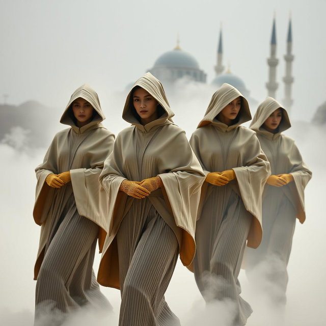 Models dressed in structured, pleated robes with high collars and geometric folds, moving in synchronized, ritualistic poses