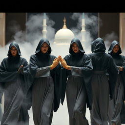 Models dressed in structured, pleated robes with high collars and geometric folds, moving in synchronized, ritualistic poses