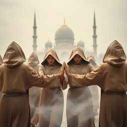 Models dressed in structured, pleated robes with high collars and geometric folds, moving in synchronized, ritualistic poses