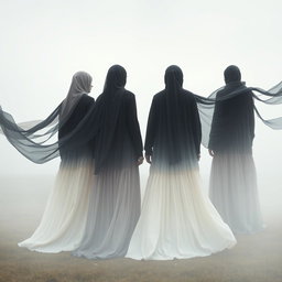 Models standing together in the mist, wearing floor-length tunics that are ombré-dyed, transitioning from deep onyx at the top to soft ivory at the bottom