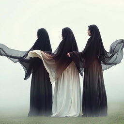 Models standing together in the mist, wearing floor-length tunics that are ombré-dyed, transitioning from deep onyx at the top to soft ivory at the bottom
