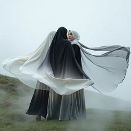Models standing together in the mist, wearing floor-length tunics that are ombré-dyed, transitioning from deep onyx at the top to soft ivory at the bottom