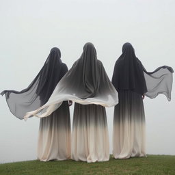 Models standing together in the mist, wearing floor-length tunics that are ombré-dyed, transitioning from deep onyx at the top to soft ivory at the bottom