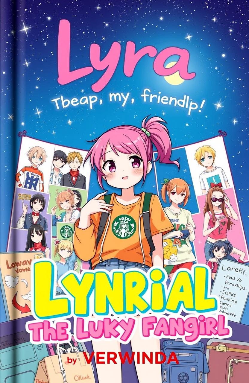 An imaginative book cover for "Lyra The Lucky Fangirl" by Verwinda, featuring a vibrant and colorful design