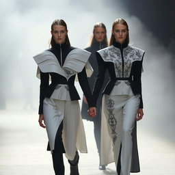Models clad in architectural black-and-white ensembles featuring sculptural pleats and intricate silver-threaded embroidery, walking hand in hand