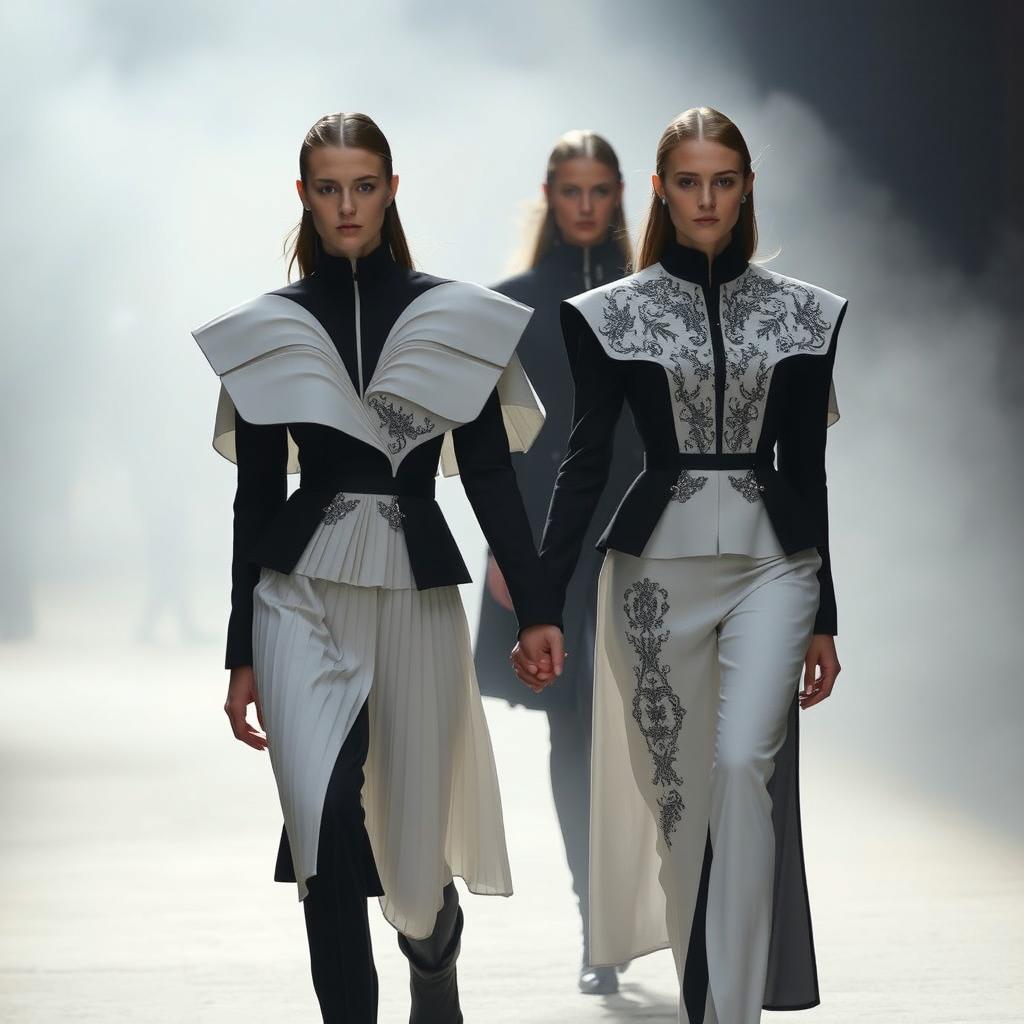 Models clad in architectural black-and-white ensembles featuring sculptural pleats and intricate silver-threaded embroidery, walking hand in hand