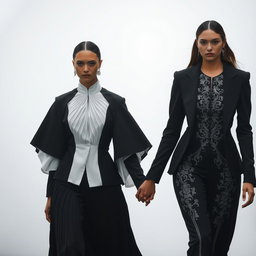 Models clad in architectural black-and-white ensembles featuring sculptural pleats and intricate silver-threaded embroidery, walking hand in hand