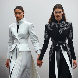 Models clad in architectural black-and-white ensembles featuring sculptural pleats and intricate silver-threaded embroidery, walking hand in hand