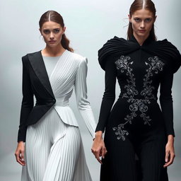 Models clad in architectural black-and-white ensembles featuring sculptural pleats and intricate silver-threaded embroidery, walking hand in hand