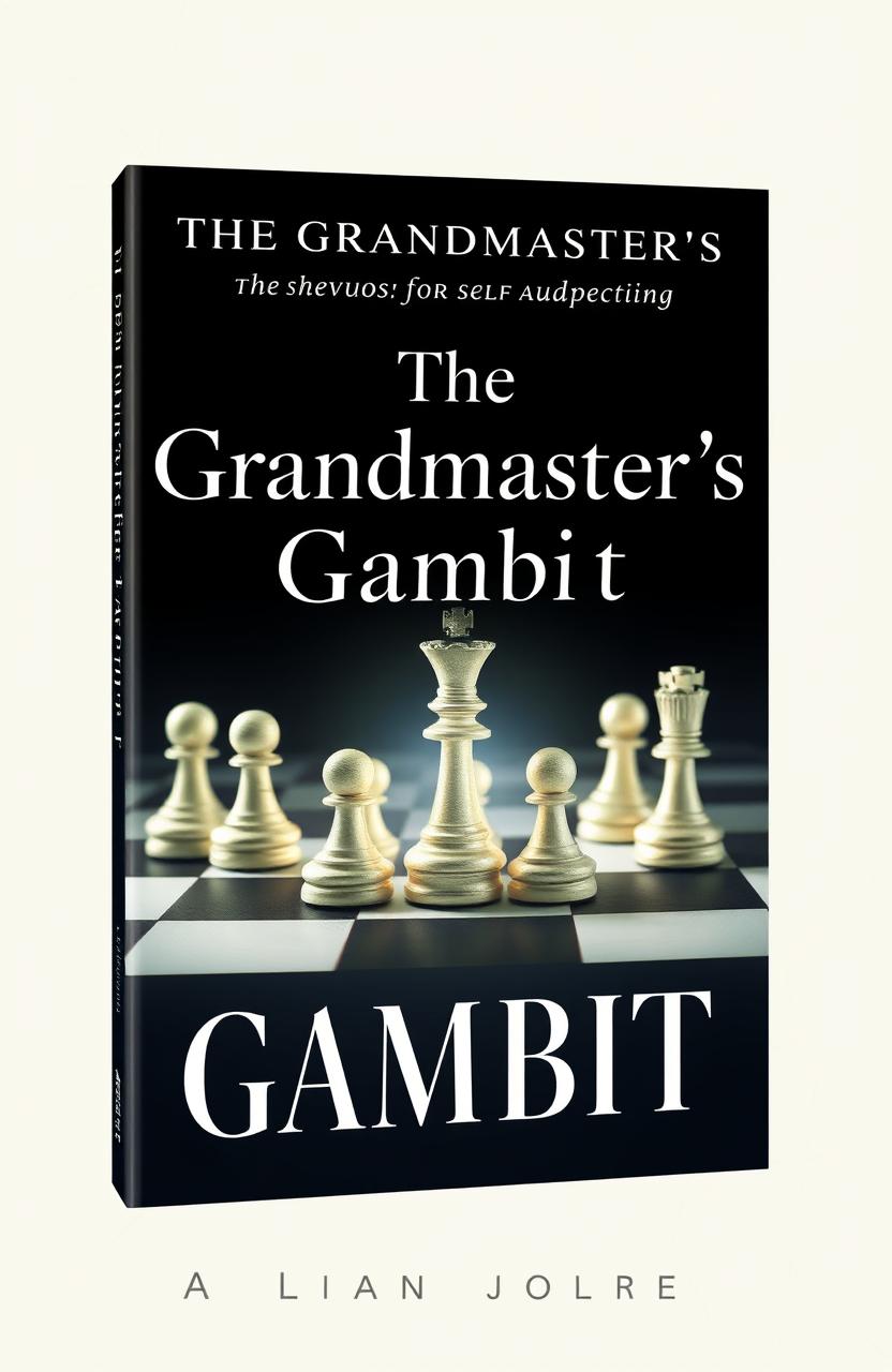 Cover design for a self-help book titled "The Grandmaster's Gambit" featuring a chessboard with intricately designed pieces symbolizing strategy and growth, surrounded by a soft, light color palette with pastel shades