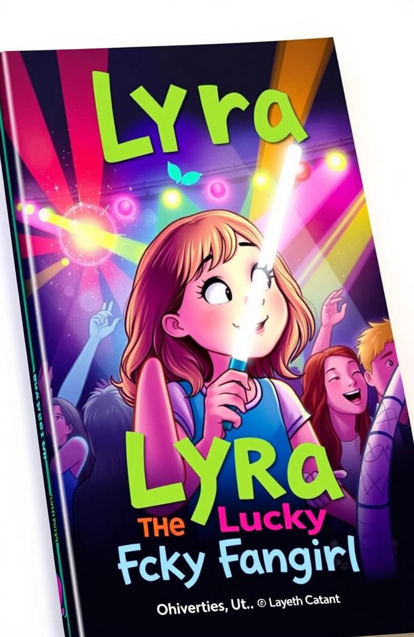 A book cover for 'Lyra The Lucky Fangirl', featuring a vibrant and dynamic illustration of a girl mesmerized at a concert, surrounded by colorful lights