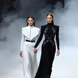 Models clad in architectural black-and-white ensembles featuring sculptural pleats and intricate silver-threaded embroidery, walking hand in hand