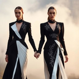 Models clad in architectural black-and-white ensembles featuring sculptural pleats and intricate silver-threaded embroidery, walking hand in hand