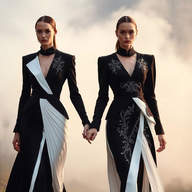 Models clad in architectural black-and-white ensembles featuring sculptural pleats and intricate silver-threaded embroidery, walking hand in hand