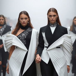 Models clad in architectural black-and-white ensembles featuring sculptural pleats and intricate silver-threaded embroidery, walking hand in hand