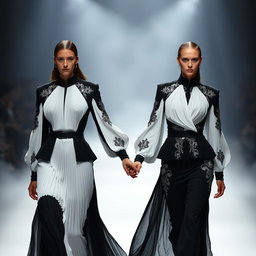 Models clad in architectural black-and-white ensembles featuring sculptural pleats and intricate silver-threaded embroidery, walking hand in hand