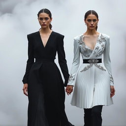 Models clad in architectural black-and-white ensembles showcasing sculptural pleats and detailed silver-threaded embroidery, walking hand in hand in an enchanting setting
