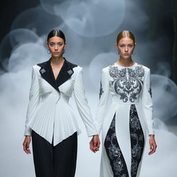 Models clad in architectural black-and-white ensembles showcasing sculptural pleats and detailed silver-threaded embroidery, walking hand in hand in an enchanting setting