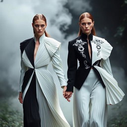 Models clad in architectural black-and-white ensembles showcasing sculptural pleats and detailed silver-threaded embroidery, walking hand in hand in an enchanting setting
