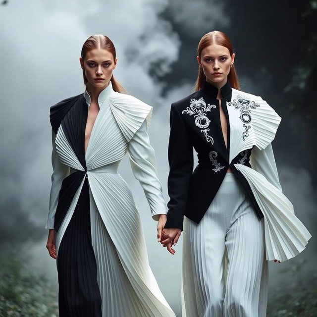 Models clad in architectural black-and-white ensembles showcasing sculptural pleats and detailed silver-threaded embroidery, walking hand in hand in an enchanting setting