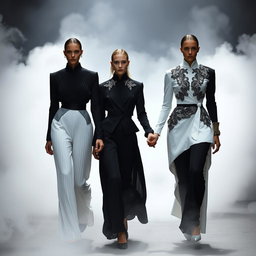 Models clad in architectural black-and-white ensembles showcasing sculptural pleats and detailed silver-threaded embroidery, walking hand in hand in an enchanting setting