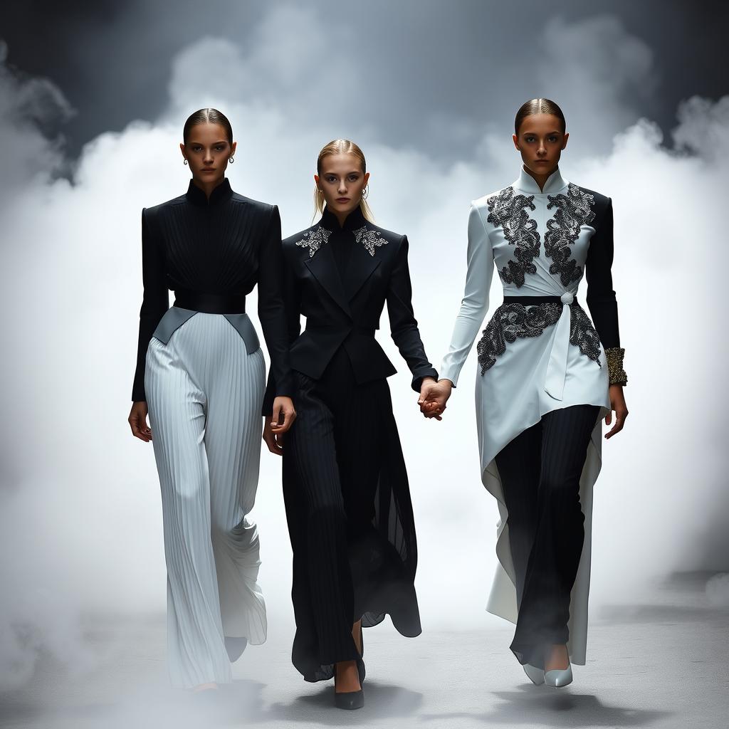 Models clad in architectural black-and-white ensembles showcasing sculptural pleats and detailed silver-threaded embroidery, walking hand in hand in an enchanting setting