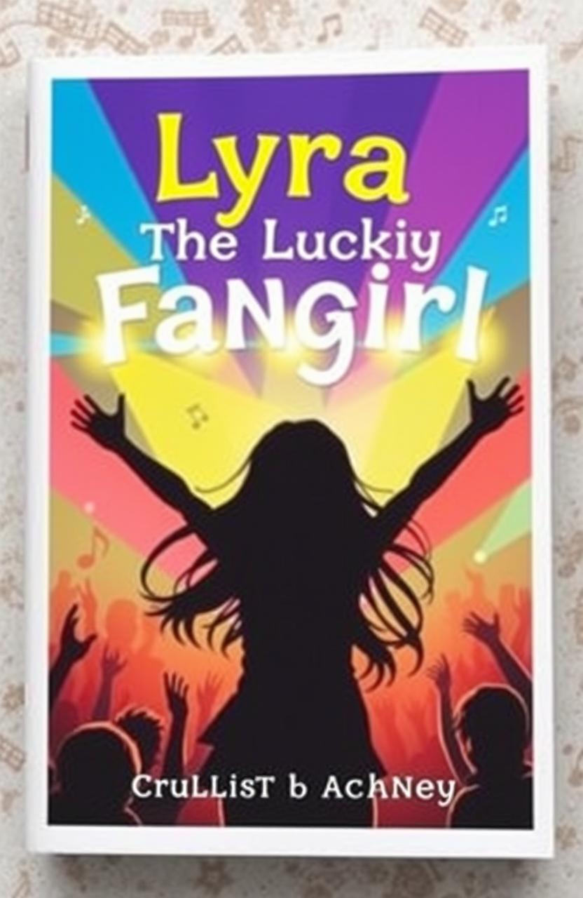 The cover of the book 'Lyra The Lucky Fangirl', featuring a vibrant and dynamic background of a silhouette of a girl with long flowing hair, standing with her arms raised in excitement while watching a concert