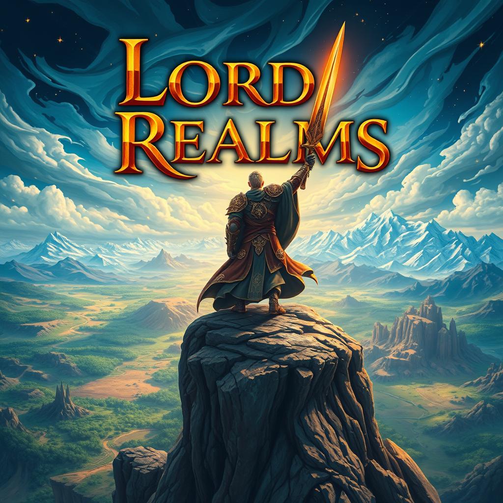 An epic book cover for 'Lord Of All Realms', featuring a majestic and powerful figure standing atop a rocky cliff, overlooking a vast and diverse landscape that represents various realms