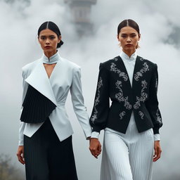 Models clad in architectural black-and-white ensembles that showcase sculptural pleats and exquisite silver-threaded embroidery, walking hand in hand through a misty environment